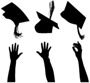 silhouette on white background of hands tossing mortarboards 